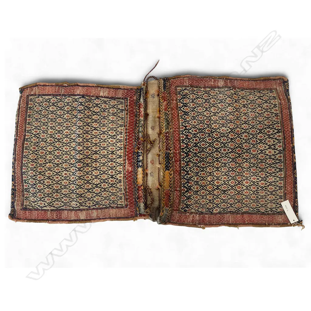 Bag – wool, - supplementary weft - double faced - white ground - rhomboid lattice repeat. 114 x 61.5cm Image 1++